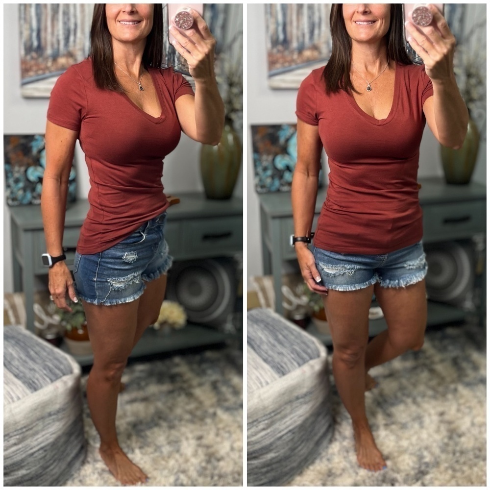 V Neck Basic Baby Boyfriend Tee Short Sleeve Dark Rust 0323